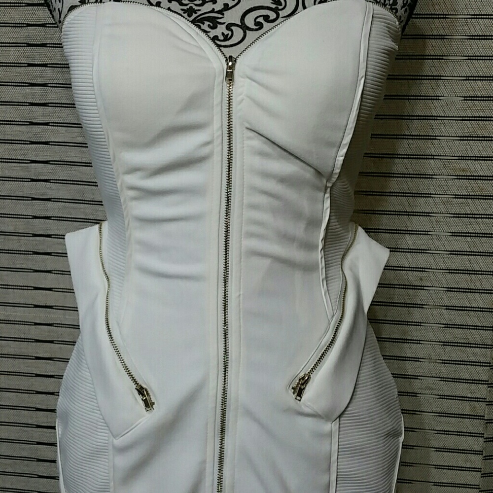 Only 1 left!  Off White Strapless Zipper Dress - Picture 2 of 8